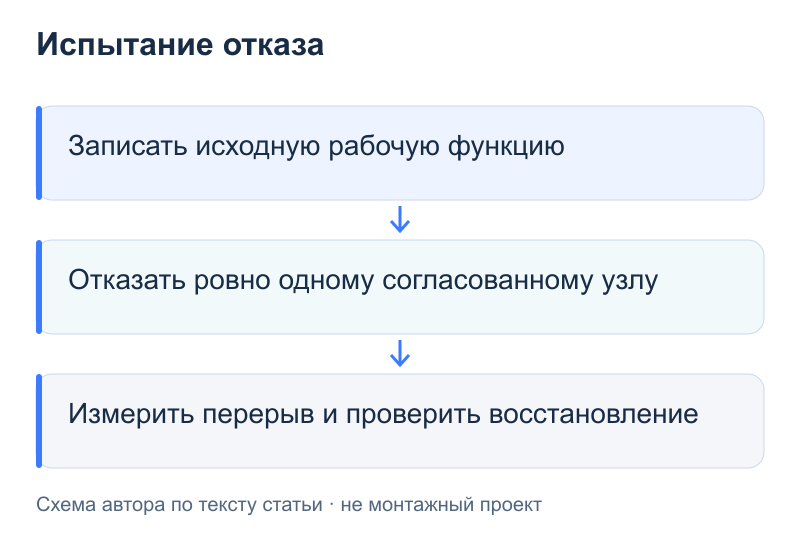 Испытание отказа: Записать исходную рабочую функцию; Отказать ровно одному согласованному узлу; Измерить перерыв и проверить восстановление