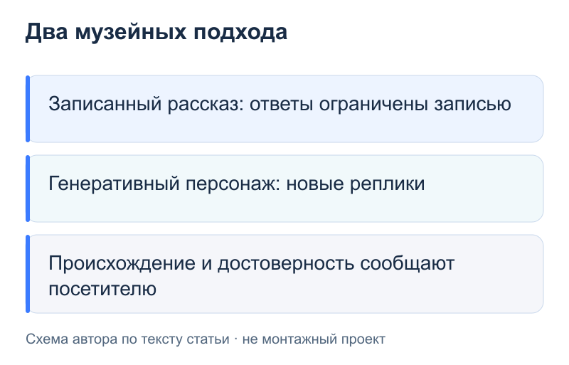 Два музейных подхода: Записанный рассказ: ответы ограничены записью; Генеративный персонаж: новые реплики; Происхождение и достоверность сообщают посетителю