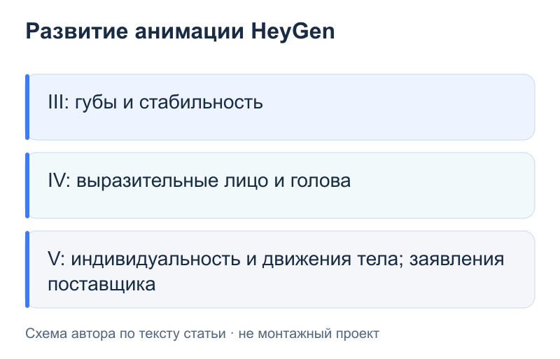 Развитие анимации HeyGen: III: губы и стабильность; IV: выразительные лицо и голова; V: индивидуальность и движения тела; заявления поставщика