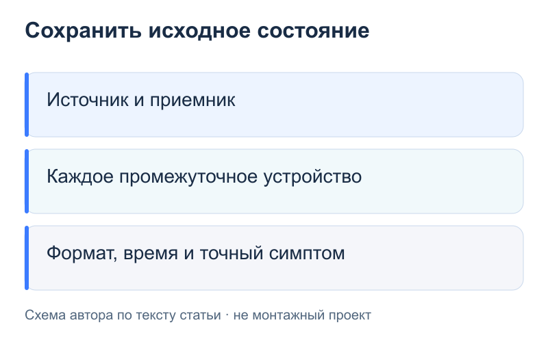 Сохранить исходное состояние: Источник и приемник; Каждое промежуточное устройство; Формат, время и точный симптом