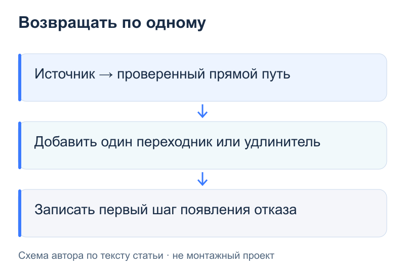 Возвращать по одному: Источник → проверенный прямой путь; Добавить один переходник или удлинитель; Записать первый шаг появления отказа