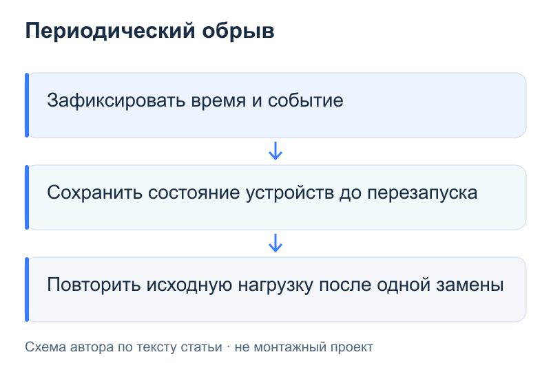 Периодический обрыв: Зафиксировать время и событие; Сохранить состояние устройств до перезапуска; Повторить исходную нагрузку после одной замены