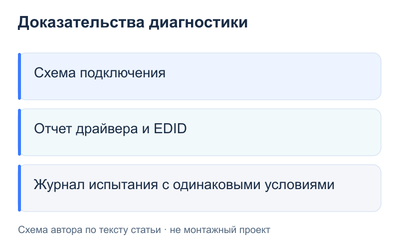Доказательства диагностики: Схема подключения; Отчет драйвера и EDID; Журнал испытания с одинаковыми условиями