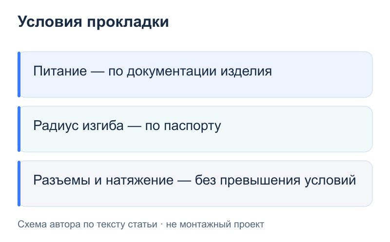 Условия прокладки: Питание — по документации изделия; Радиус изгиба — по паспорту; Разъемы и натяжение — без превышения условий
