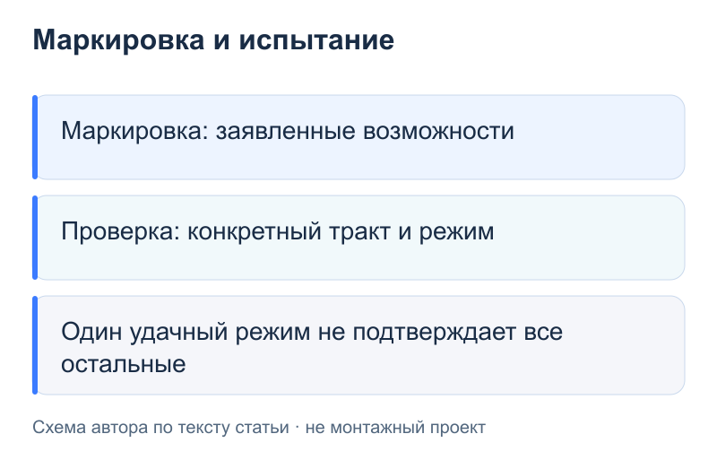 Маркировка и испытание: Маркировка: заявленные возможности; Проверка: конкретный тракт и режим; Один удачный режим не подтверждает все остальные