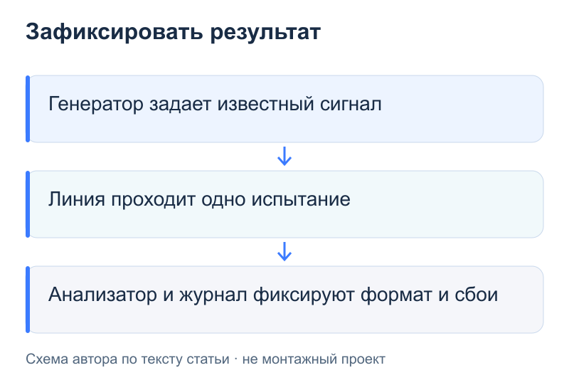 Зафиксировать результат: Генератор задает известный сигнал; Линия проходит одно испытание; Анализатор и журнал фиксируют формат и сбои