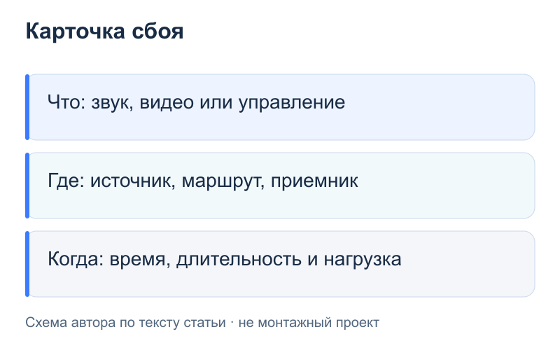 Карточка сбоя: Что: звук, видео или управление; Где: источник, маршрут, приемник; Когда: время, длительность и нагрузка