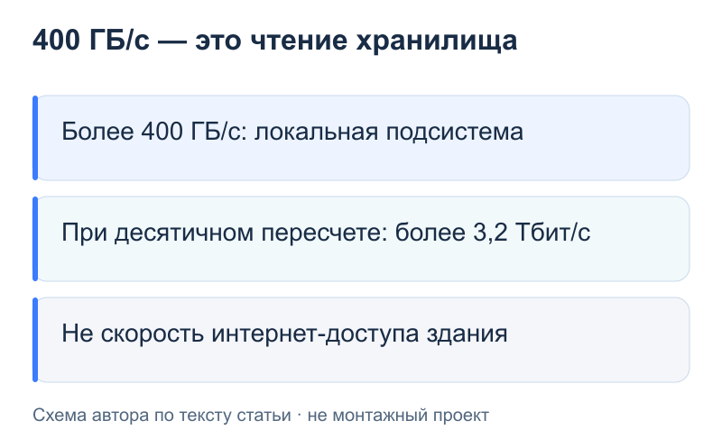 400 ГБ/с — это чтение хранилища: Более 400 ГБ/с: локальная подсистема; При десятичном пересчете: более 3,2 Тбит/с; Не скорость интернет-доступа здания