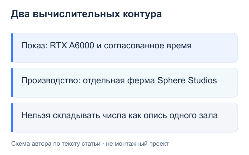 Два вычислительных контура: Показ: RTX A6000 и согласованное время; Производство: отдельная ферма Sphere Studios; Нельзя складывать числа как опись одного зала
