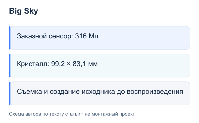 Big Sky: Заказной сенсор: 316 Мп; Кристалл: 99,2 × 83,1 мм; Съемка и создание исходника до воспроизведения