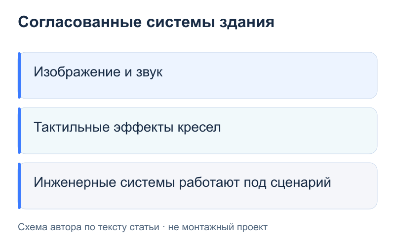 Согласованные системы здания: Изображение и звук; Тактильные эффекты кресел; Инженерные системы работают под сценарий