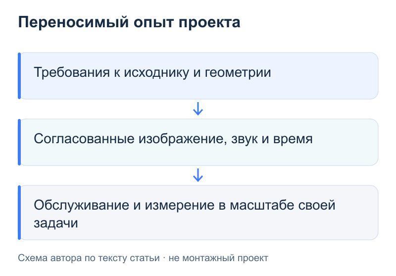 Переносимый опыт проекта: Требования к исходнику и геометрии; Согласованные изображение, звук и время; Обслуживание и измерение в масштабе своей задачи