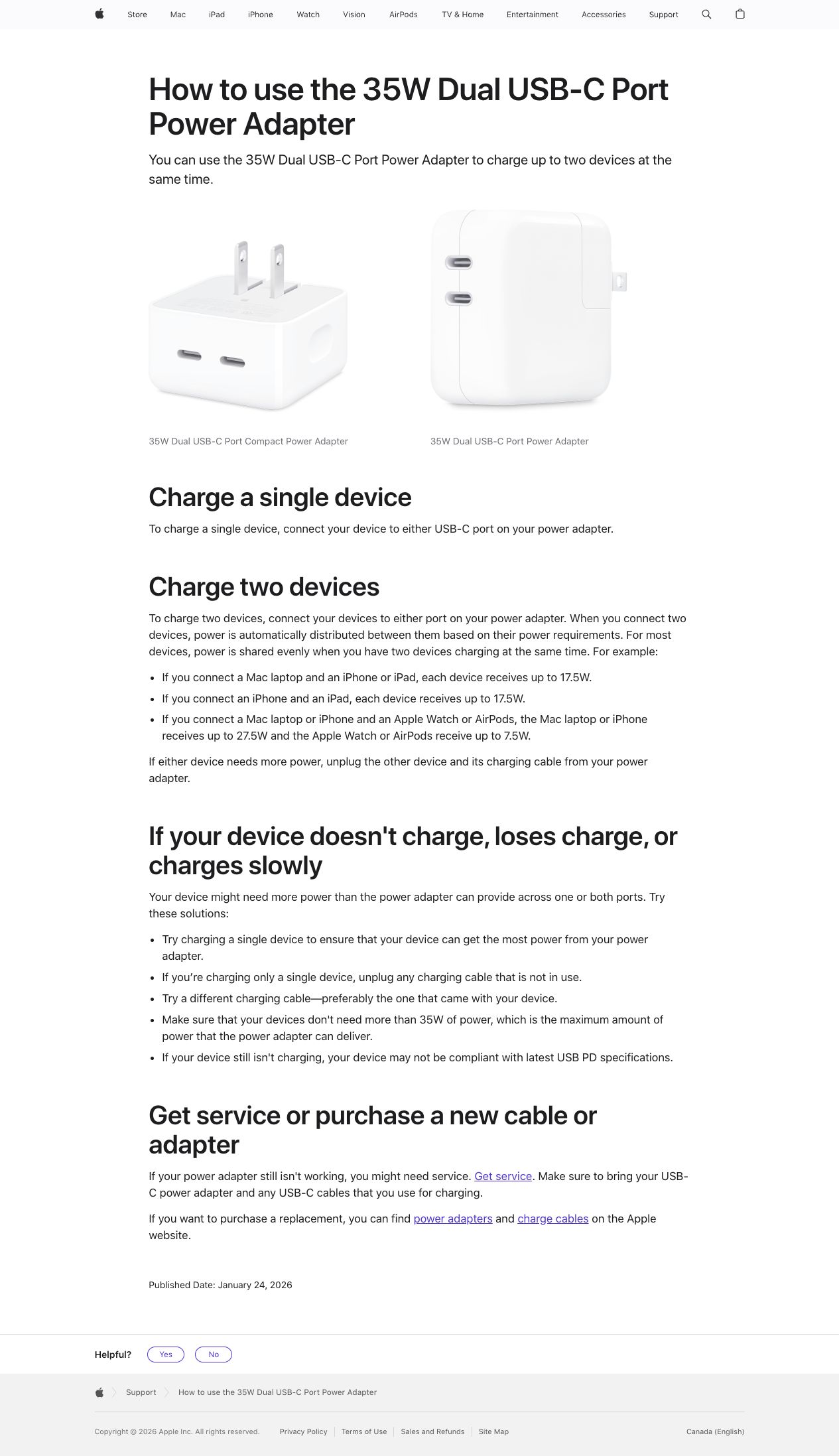 Страница Apple о двухпортовом адаптере 35W и распределении мощности